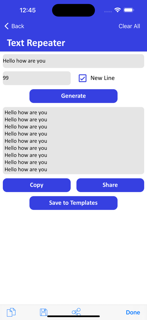 Interface of the Text Repeater tool in DualChat app showing repeated greeting messages