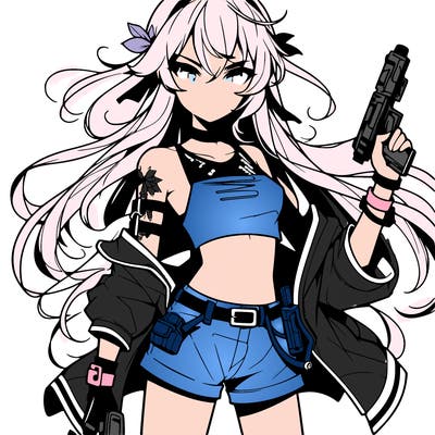 bad girl wearing crop top holding a gun long hair anime