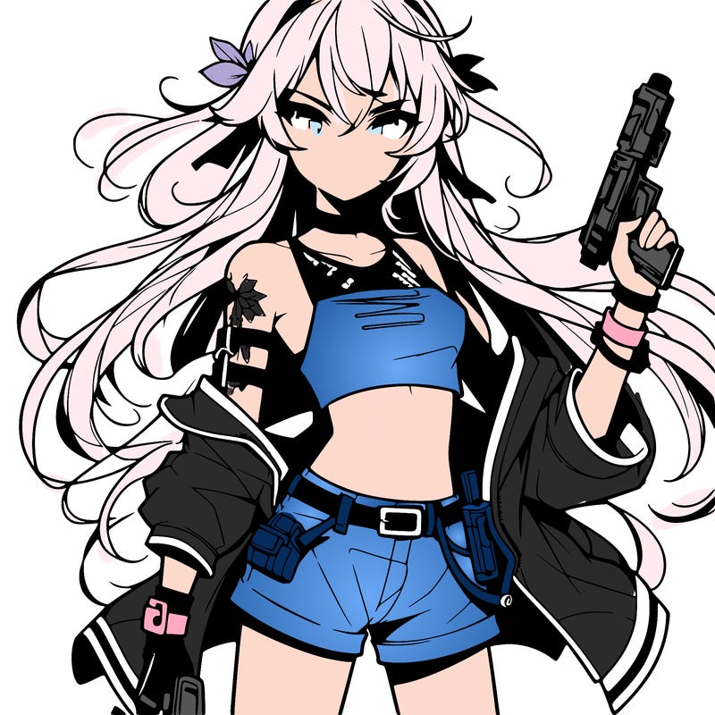 bad girl wearing crop top holding a gun long hair anime