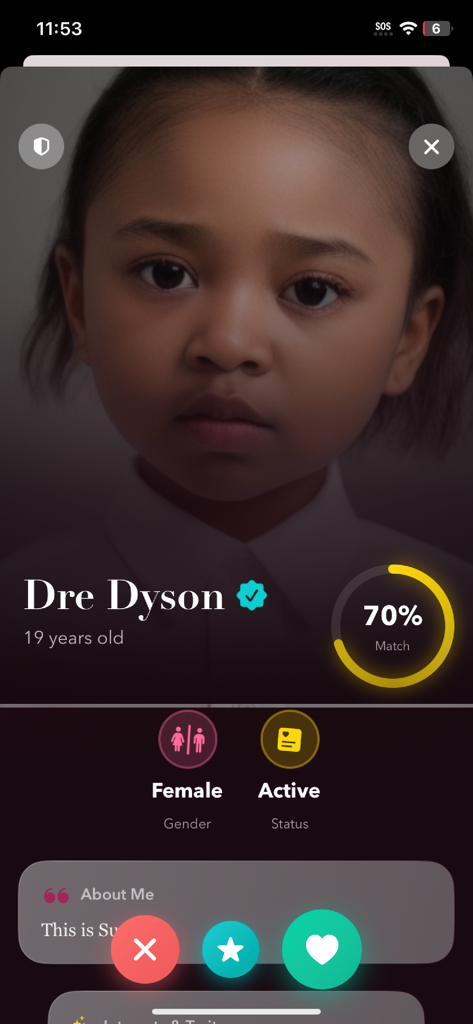 Susie Dating App - Susie Dating App user profile for Dre Dyson displaying a seventy percent compatibility match score.