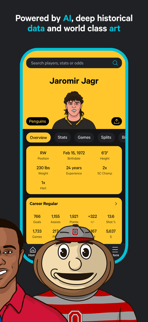 StatMuse app screen displaying Jaromir Jagr hockey career statistics and illustrated player art
