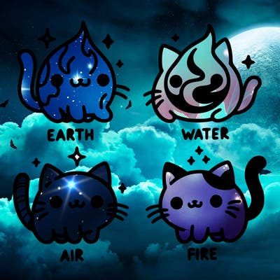 4 cats that represent the different elements, earth, water, air, and fire