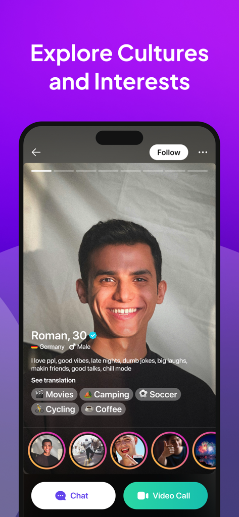 Interfaz de la app móvil TopLive mostrando un perfil de usuario con intereses y opciones de videollamada.