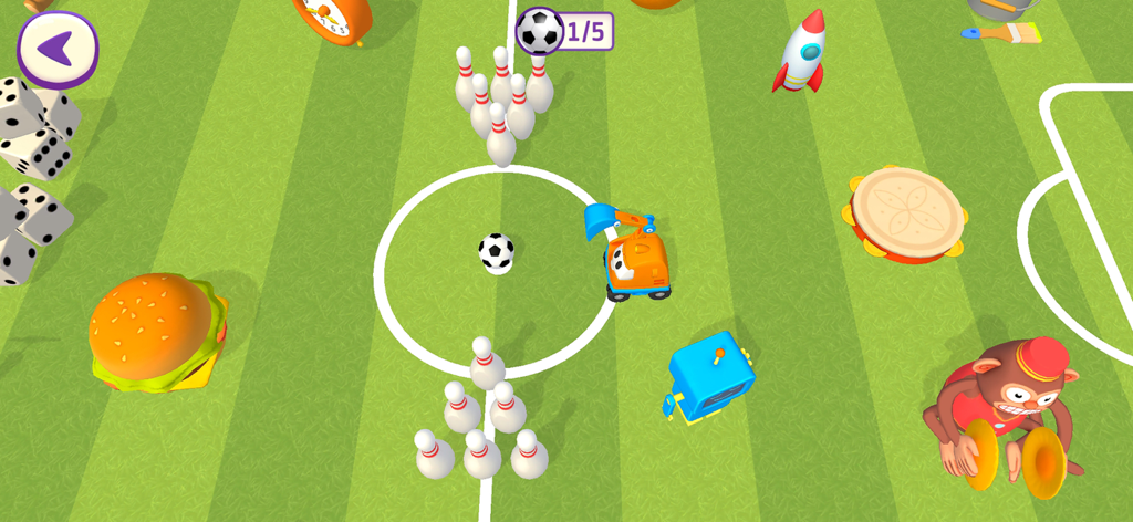 Scoop the excavator on a green soccer field with bowling pins, a soccer ball, and various toys in a mini-game
