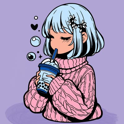 manga girl drinking boba in cozy sweater