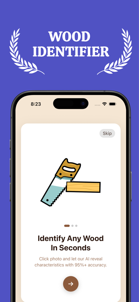 Wood identifier - Wood ID - Onboarding screen for the Wood Identifier app showing how to identify wood species using AI