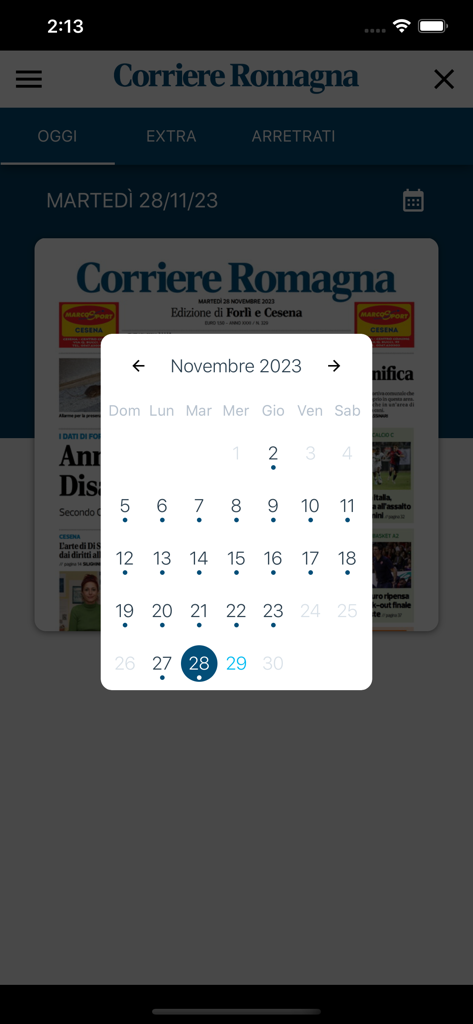 Corriere Romagna Digital - Corriere Romagna Digital app interface showing a calendar widget for selecting and searching past newspaper editions