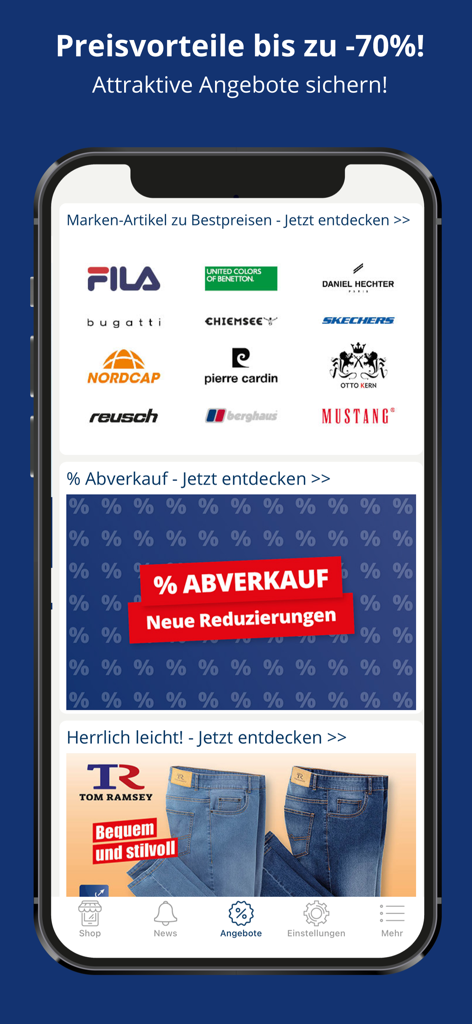 Captura de pantalla de la interfaz de la aplicación Personalshop con varios logotipos de marcas de moda y ofertas de descuento.