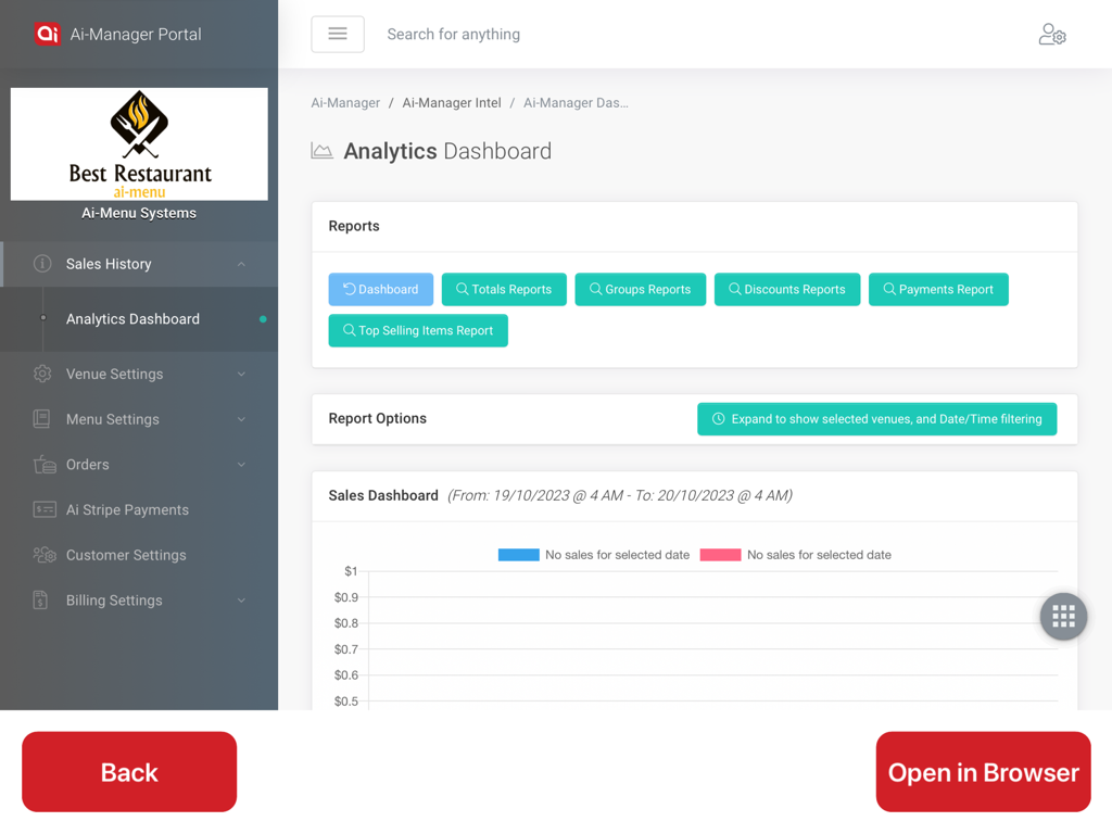 Ai-POSX - Ai-Manager portal analytics dashboard showing sales reports and business performance metrics for restaurants