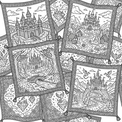 Soar into a world of pure imagination with these enchanting fantasy landscape coloring pages, beautifully presented on intricate magic carpets. Each design is a portal to explore mystical castles, mythical creatures, and breathtaking scenery, waiting for your artistic touch.