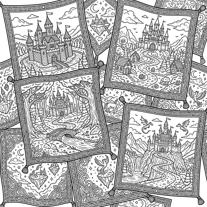Soar into a world of pure imagination with these enchanting fantasy landscape coloring pages, beautifully presented on intricate magic carpets. Each design is a portal to explore mystical castles, mythical creatures, and breathtaking scenery, waiting for your artistic touch.