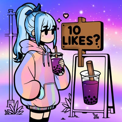 girl with oversized hoodie drinking boba and she has a high ponytail with a sign that says 10likes?