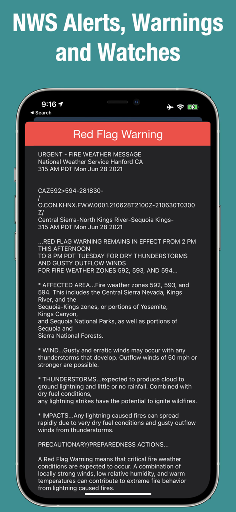 Doppler Radar - Live Rain Map - Screen showing detailed NWS Red Flag Warning for fire weather alerts within the Doppler Radar app.
