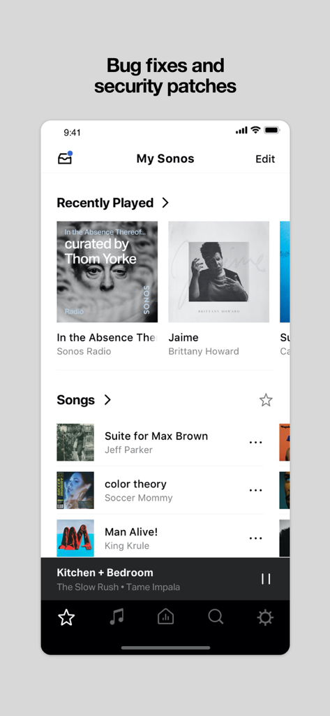 Interface of the Sonos S1 Controller app showing the My Sonos dashboard with recently played albums and a song list