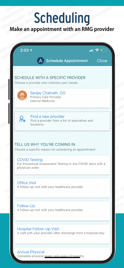 The appointment scheduling screen in the myRiverside MyChart app showing options to select a provider and choose a visit type.