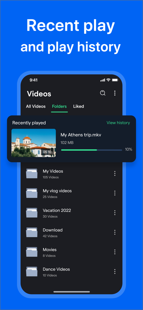 MX Player - Media Video Player - MX Player interface showing recently played MKV video and organized media folders