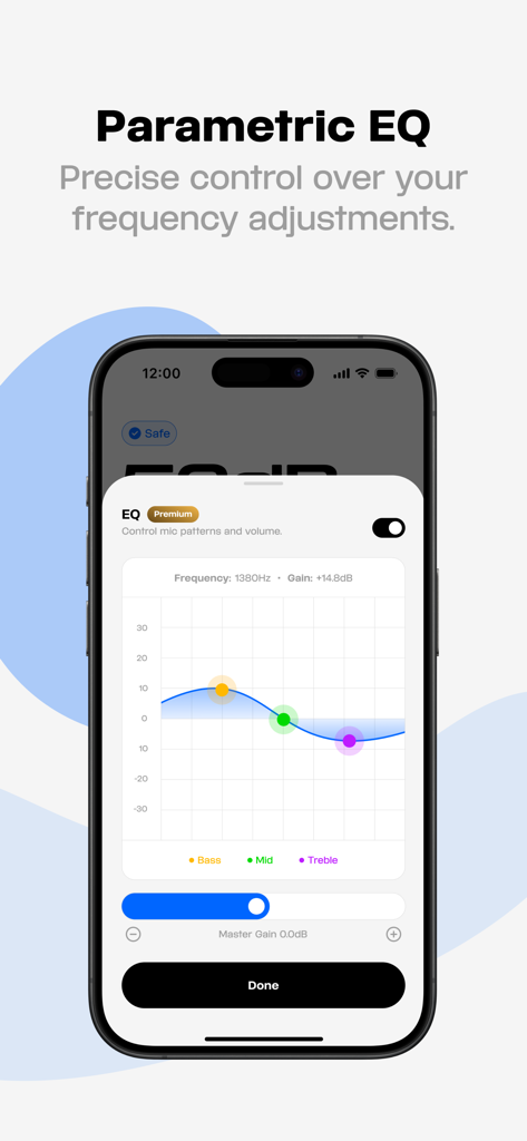 Microphone Live - Interface de l'application Microphone Live montrant l'égaliseur paramétrique pour des ajustements précis de fréquence