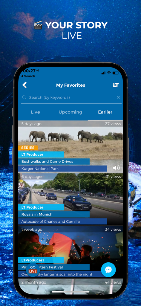 LiveTube app interface showing favorite past news broadcasts and events including a safari and a royal autocade.