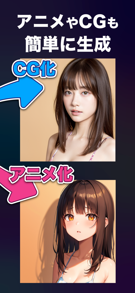 画像生成AI - A comparison showing a realistic CG portrait and an anime style version of a girl generated by AI.