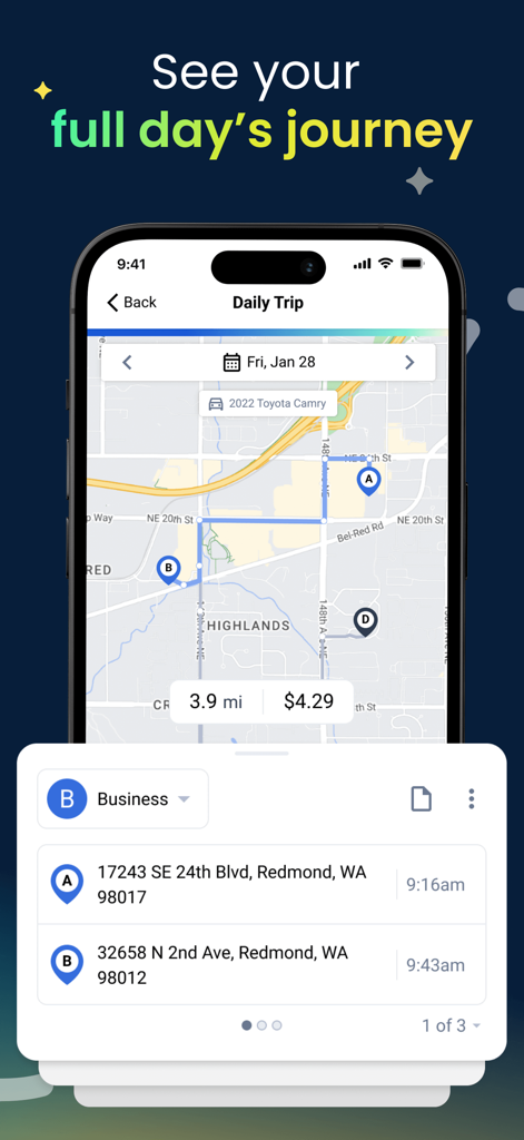 Mileage Tracker App by TripLog - TripLog app interface showing a mapped daily journey with mileage tracking and tax deduction value.
