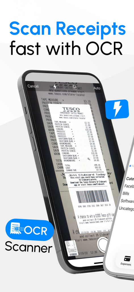 Smartphone camera scanning a grocery receipt using OCR technology for digital storage.