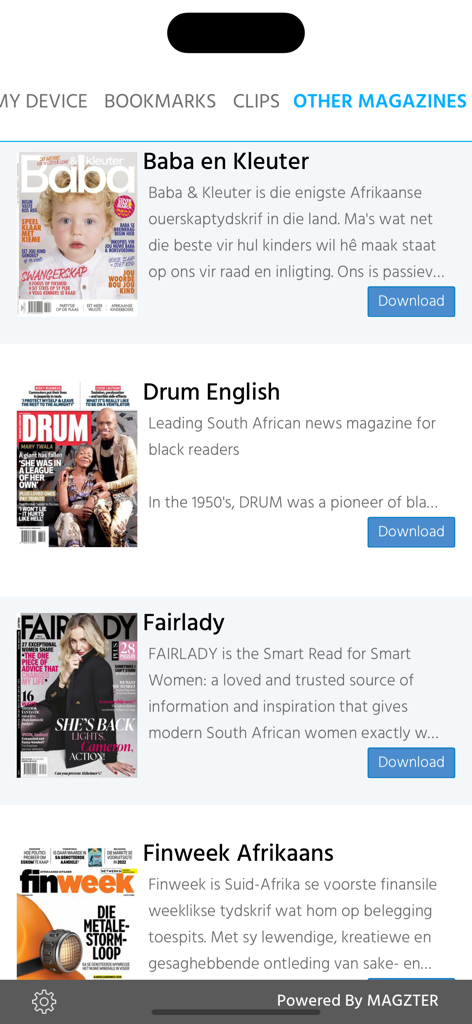 Your Pregnancy SA - Una lista de títulos de revistas adicionales disponibles para descargar dentro de la interfaz de la aplicación Tu Embarazo SA.