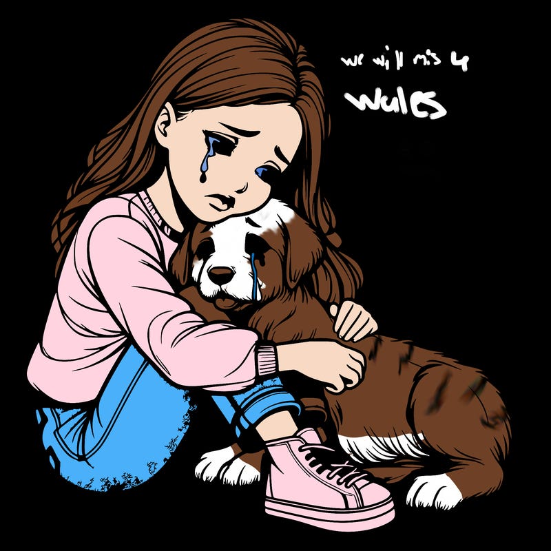 realistic girl crying with a realistic dog laying on her lap