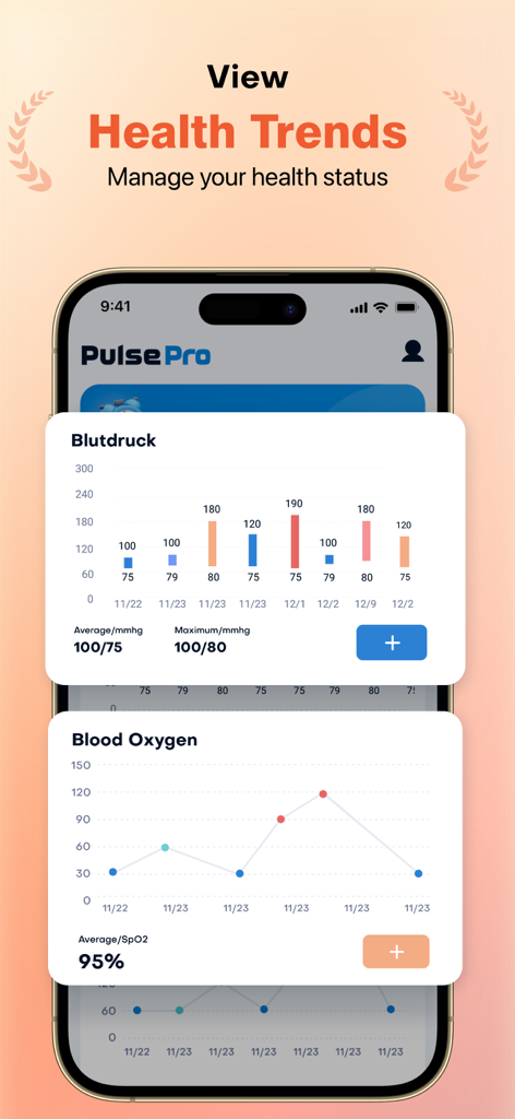 PulsePro dashboard displaying blood pressure and oxygen level charts