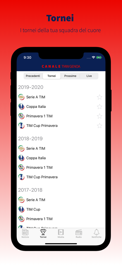 Canale TMW Genoa - Screenshot of Canale TMW Genoa app showing a list of soccer tournaments by season including Serie A and Coppa Italia.