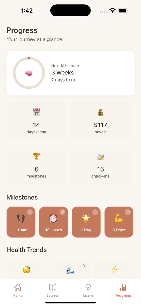 Quit Weed Tracker - Unfogged - Ein Dashboard in der Unfogged App, das die Dauer der Nüchternheit, gespartes Geld und abgeschlossene Meilensteine anzeigt.