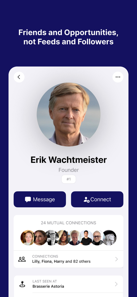 NOMO - No More Missing Out - User profile page in the NOMO app showing mutual connections and connection options.