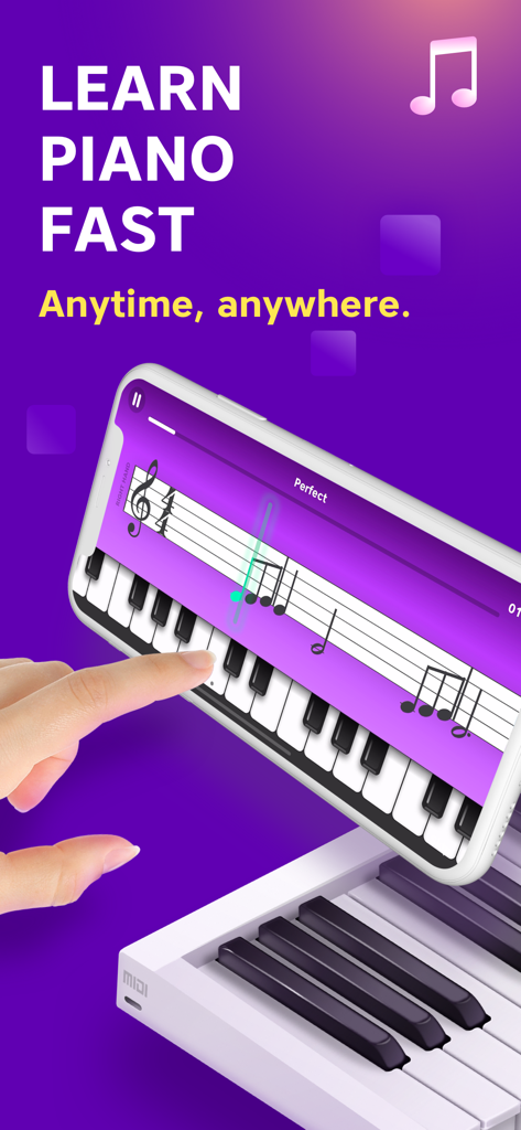Piano Academy by Yokee Music - A person learning piano with the Piano Academy app on a smartphone screen showing sheet music and virtual keys