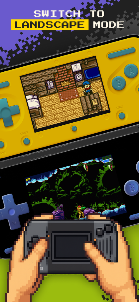 Emu — Game Consoles App - Retro handheld console skins in landscape mode showing different classic game scenes