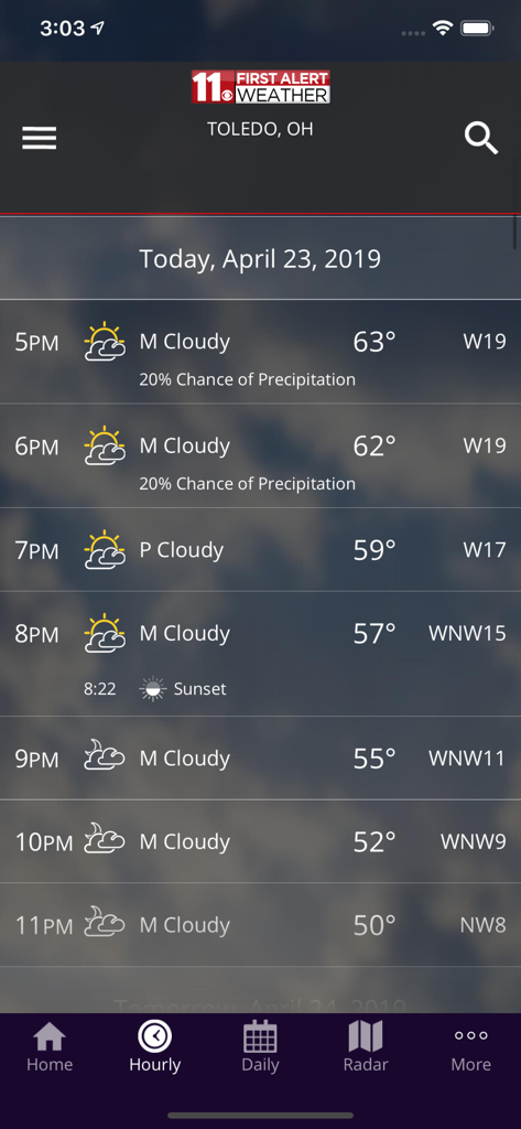 WTOL 11 Weather - Hourly weather forecast screen for Toledo Ohio on the WTOL 11 Weather app showing temperatures and sky conditions.