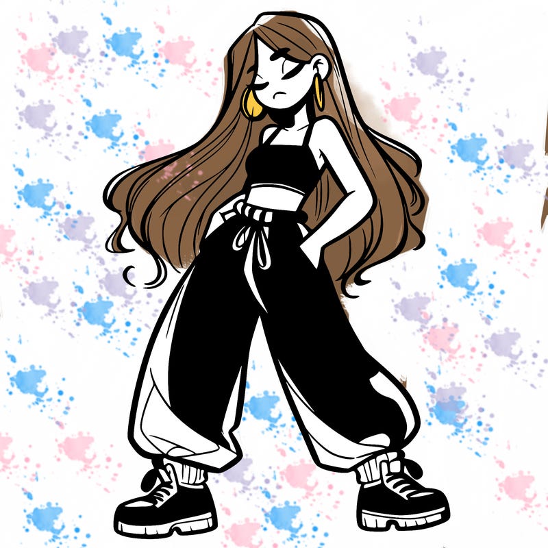 girl in baggy pants crop top and long hair