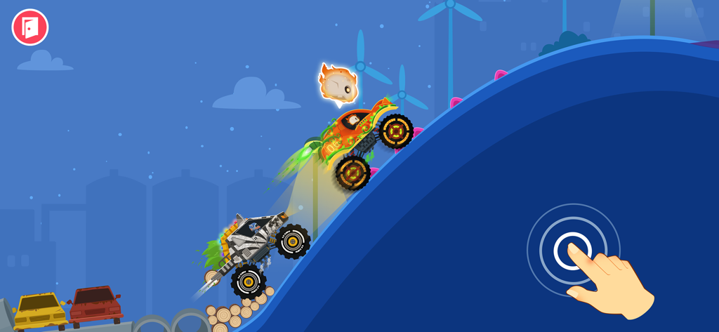 Two monster trucks racing uphill with simple tap controls for kids