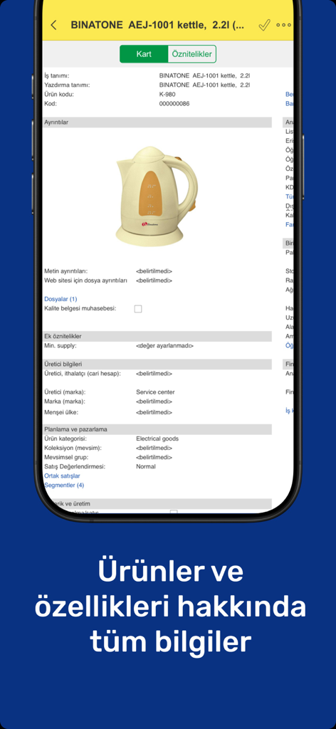 1C:ERP TE - Tela móvel do 1C ERP TE mostrando informações do produto e características técnicas de um item comercial