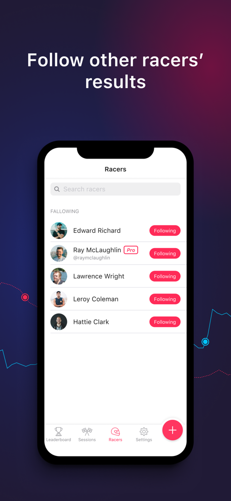 LapSnap - LapSnap app screen showing a list of followed racers and community members