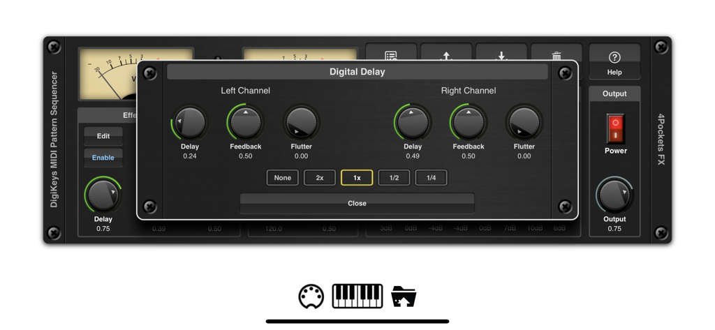 DigiKeys AUv3 Sequencer Plugin - Interface de delay digital no Sequenciador AUv3 DigiKeys, mostrando controles de canal duplo para feedback e flutter