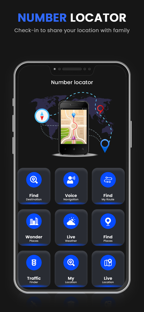 Mobile Number Trackers - 位置ナビゲーションと天気機能を備えたMobile Number Trackerアプリのインターフェース