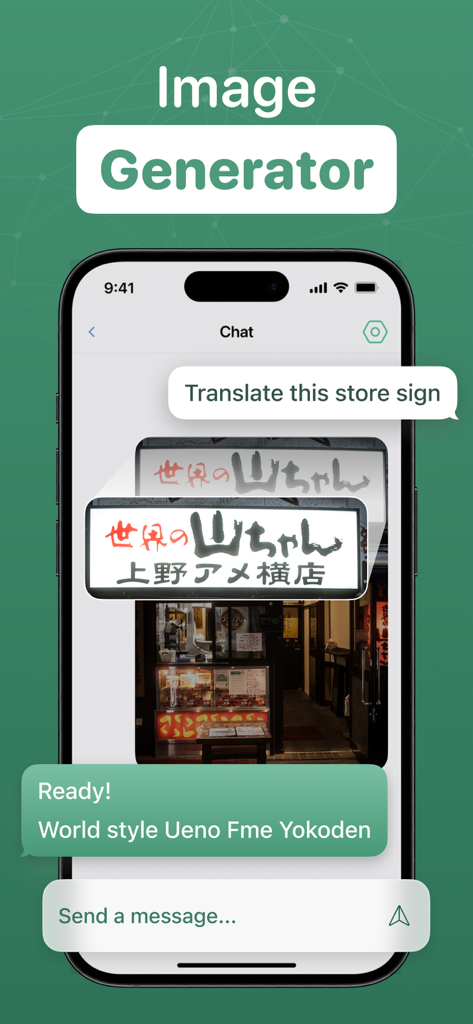 AI Chat Assistant - ChatAI Bot - AI Chat Assistant app interface demonstrating the translation of a Japanese store sign from an uploaded photo.