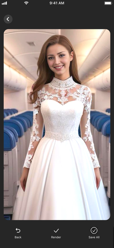 Imagem gerada por IA de uma mulher sorrindo em um vestido de noiva em um avião