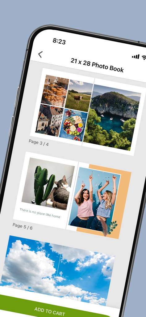 Saal Digital - Mobile interface of Saal Digital app showing custom photo book page designs with various layouts and high-quality images