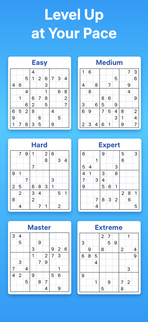 Cuadrículas de juego de Sudoku que varían de dificultad fácil a extrema