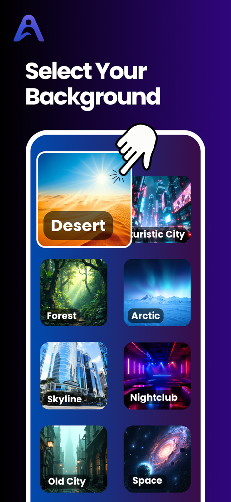 AI Avatar Generator & Animator - Screen showing multiple background options for AI avatars including Desert Forest and Space