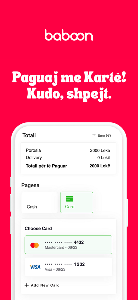 Baboon Delivery: Food and more - Secure checkout screen in the Baboon Delivery app showing credit card and cash payment options