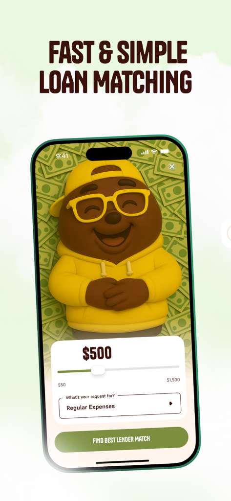 Oberfläche für schnelle Kreditvermittlung in der Wolf Processing App mit einem 500-Dollar-Schieberegler.