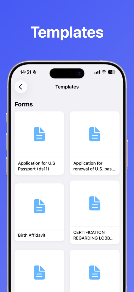 米国パスポート申請書や出生宣誓供述書を含む印刷可能なドキュメントテンプレートのライブラリを表示するモバイルインターフェイス。