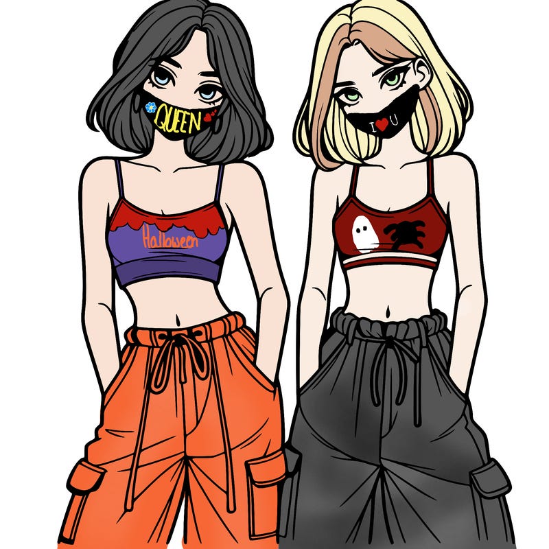 two girls with crop top with baggy pants