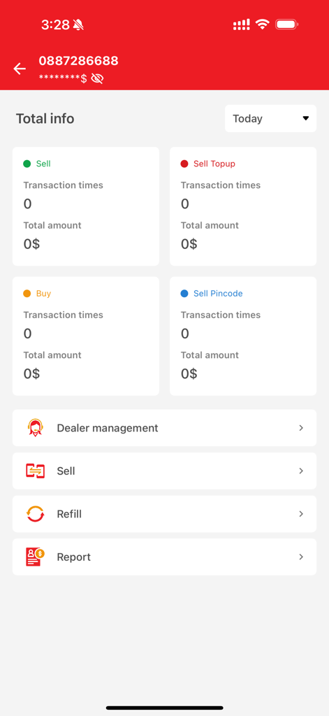 mDealer mobile app dashboard showing daily sales totals and transaction summaries for telecom retailers